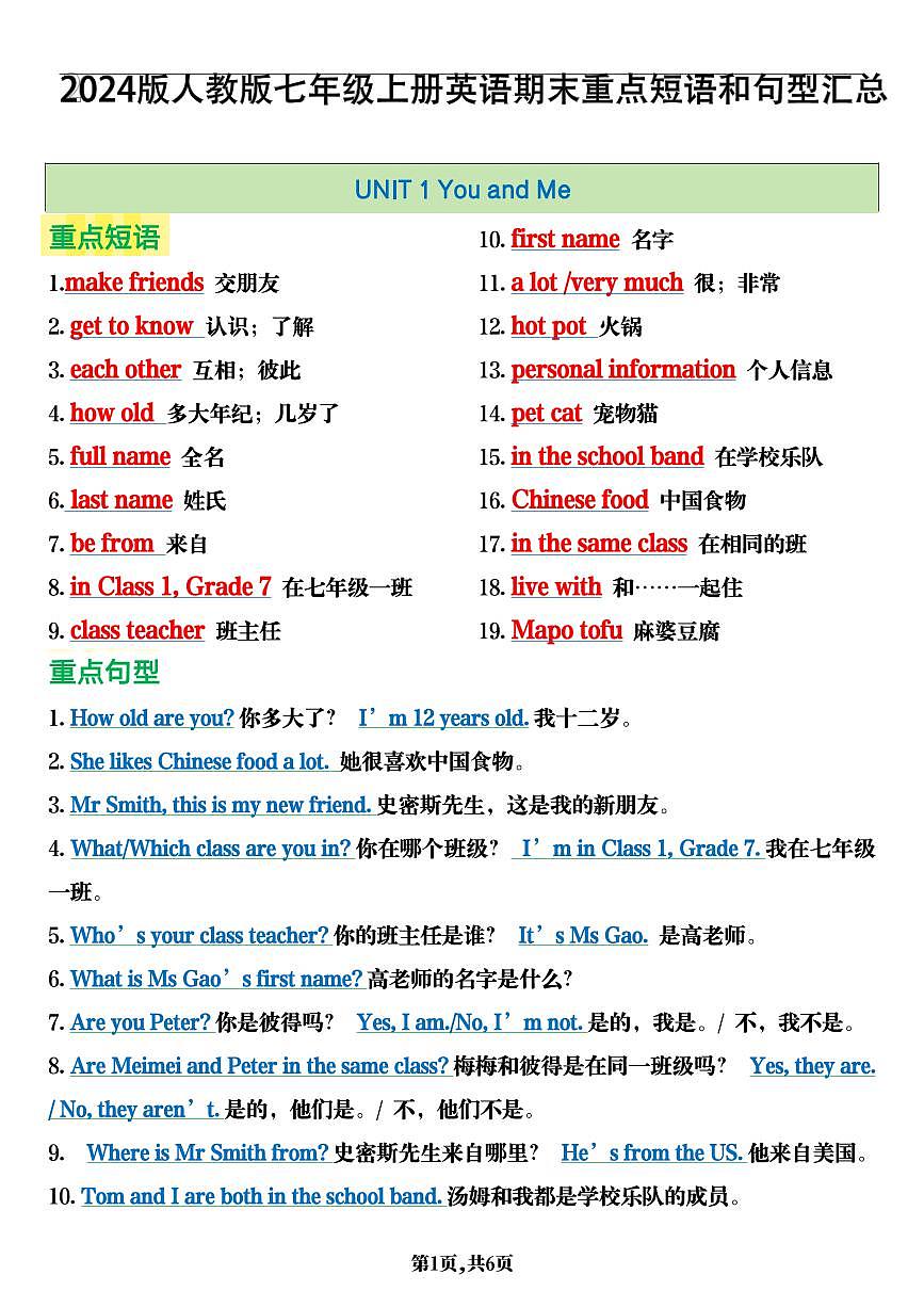 2024版人教版七年级上册英语期末重点短语和句型知识点汇总第1页