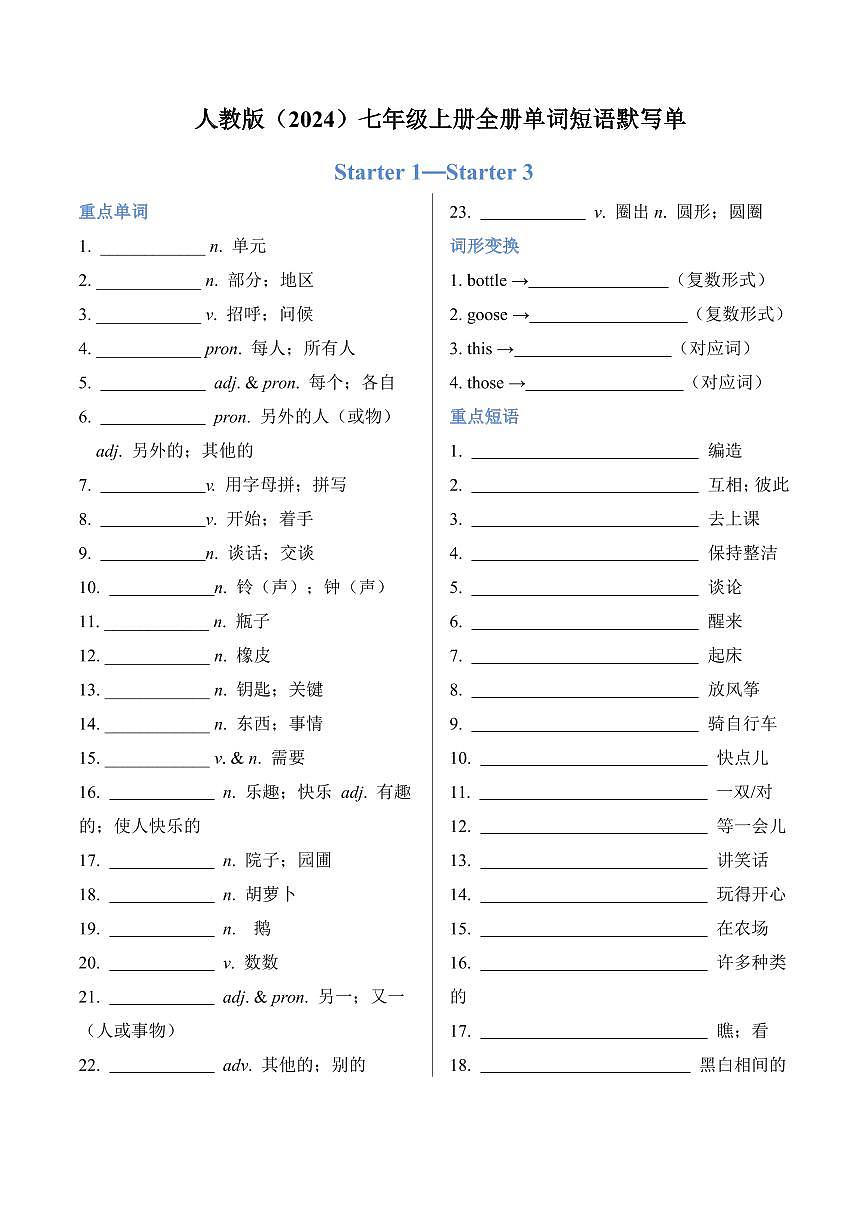 人教版2024七年级上册全册单词默写单 (原卷版)第1页