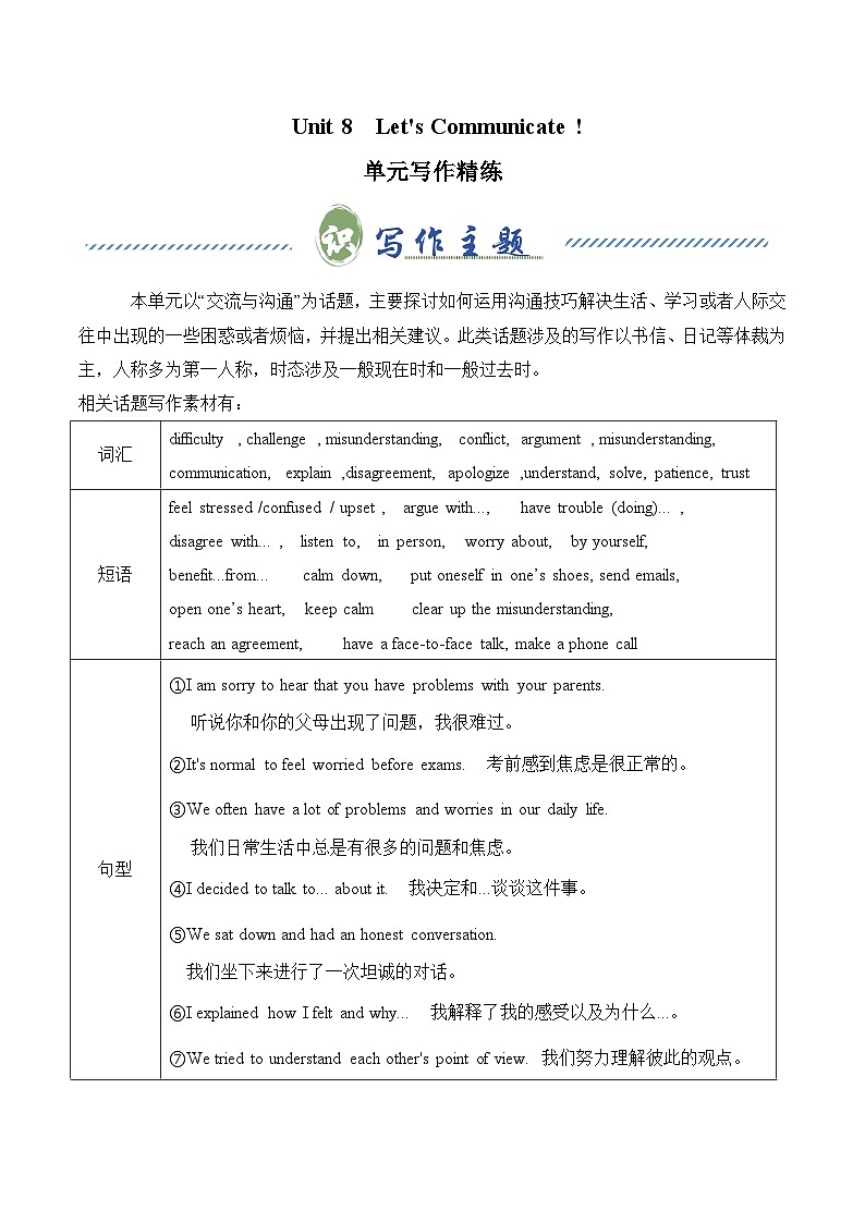 Unit 8 Let's Communicate !  交流与沟通 （单元写作精练） (原卷版）第1页