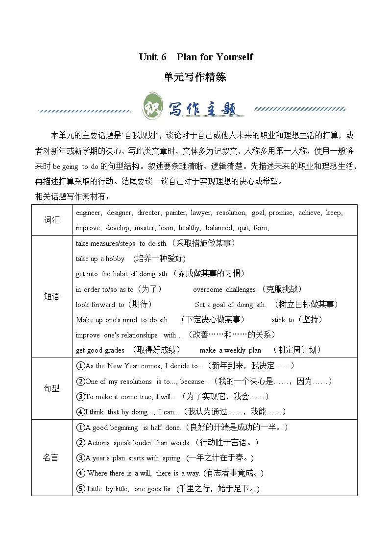 Unit 6 Plan for Yourself 自我规划（单元写作精练） (原卷版）第1页