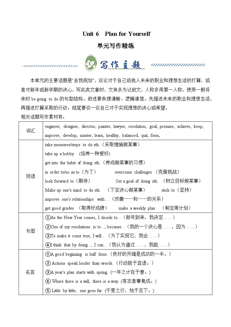 Unit 6 Plan for Yourself 自我规划（单元写作精练） (原卷版）第1页