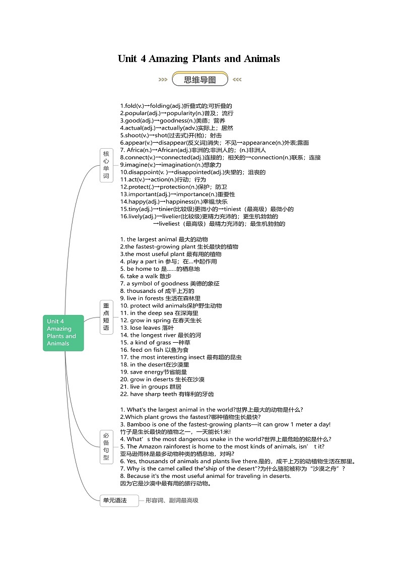 Unit 4 Amazing Plants and Animals（知识清单）（答案版）第1页