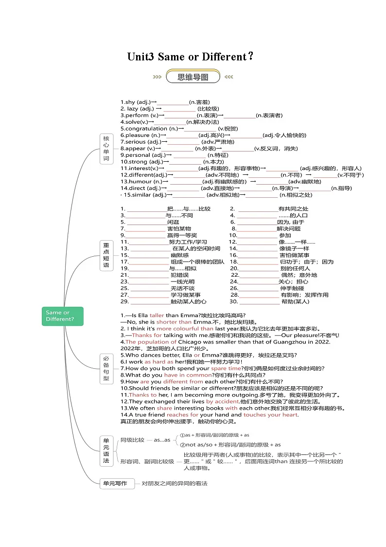 Unit 3 Same or Different？（知识清单）（挖空版）第1页