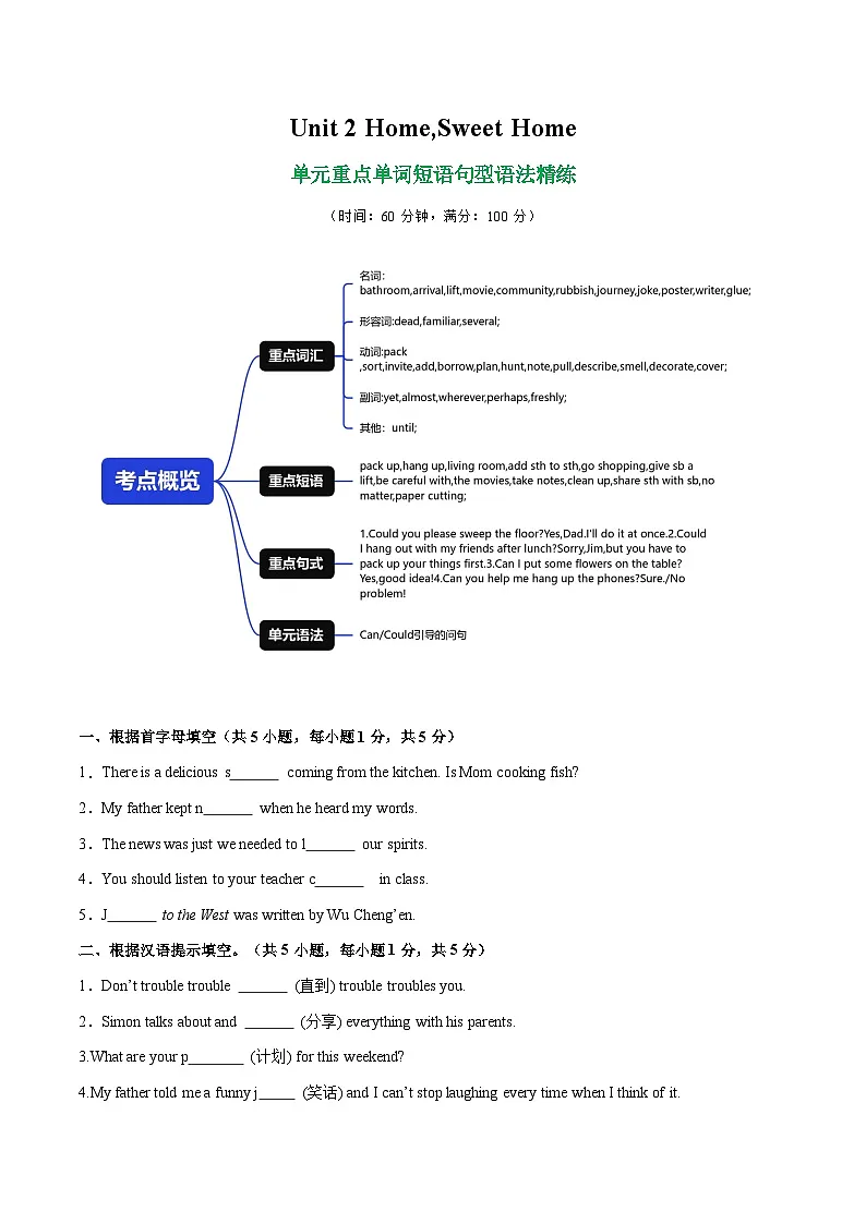 Unit 2 Home,Sweet Home 单词短语句型语法（教材考点精练）（原卷版）第1页