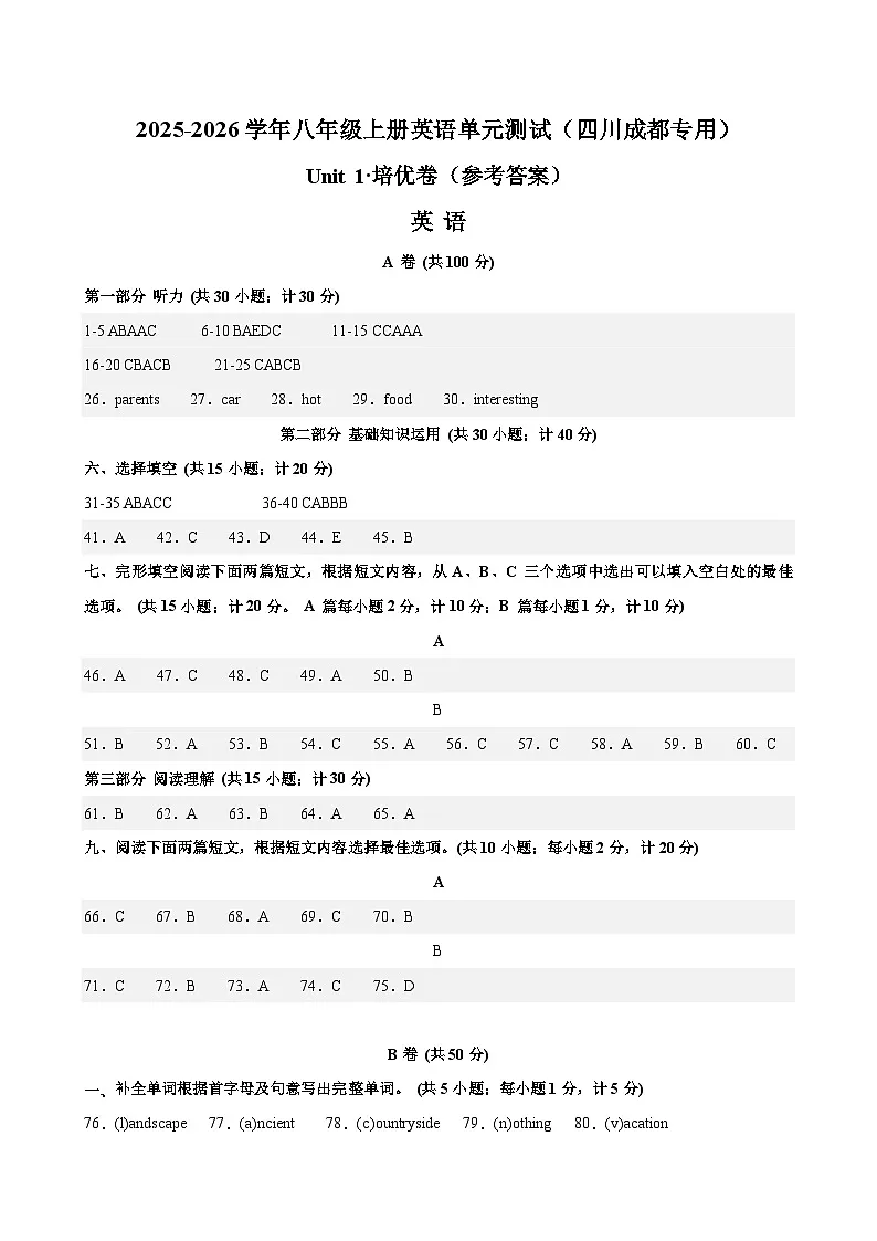 八年级英语上册Unit 1 单元测试·四川成都专用（参考答案） 第1页