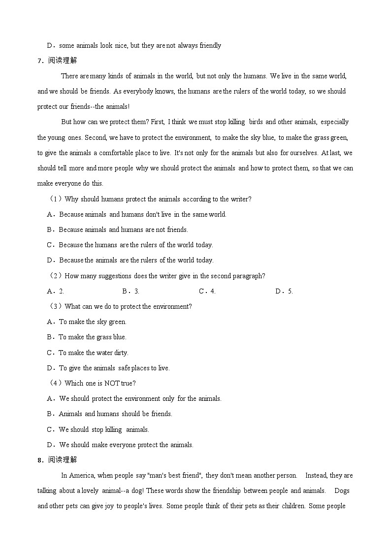 Unit 4 Our animal friends 单元话题阅读理解（含答案解析）-初中英语七下-单元重难点高频易错题专练（沪教版）第3页