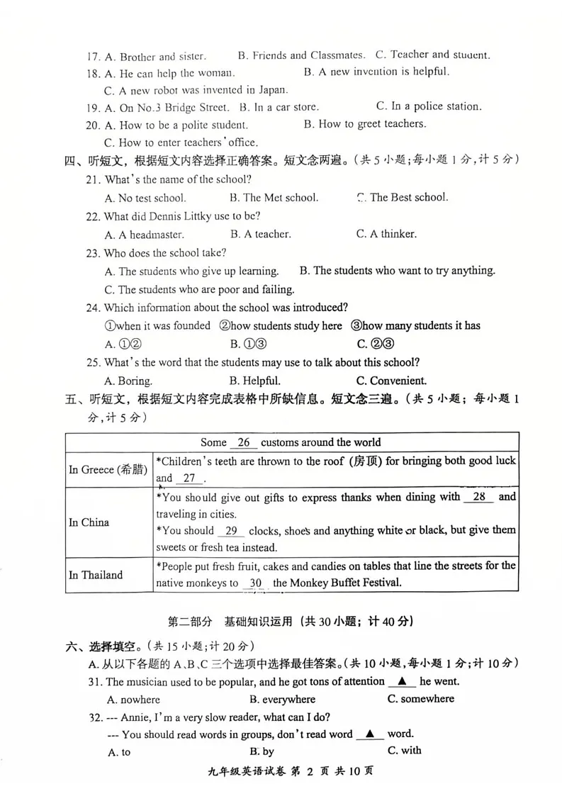 四川省成都温江区2024-2025学年九年级上学期期末一诊英语试卷第2页