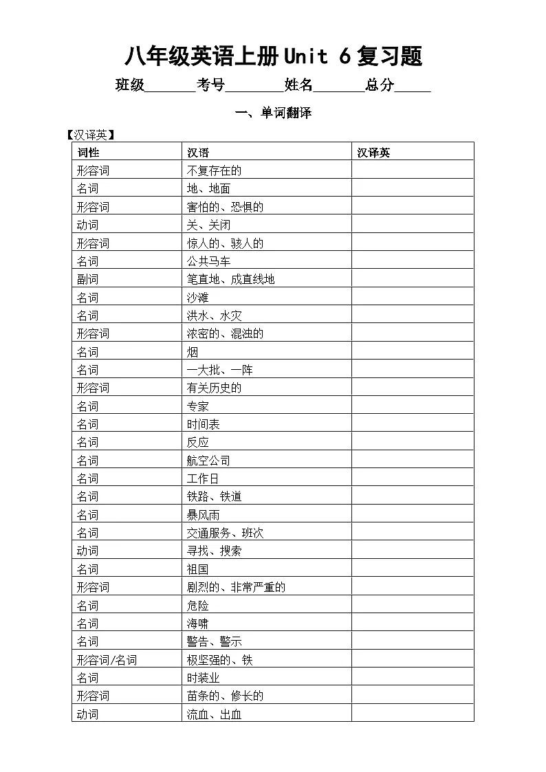 初中英语新外研版八年级上册Unit 6 When disaster strikes复习题(单词+词性+短语+句型)（附参考答案）（2025秋）第1页