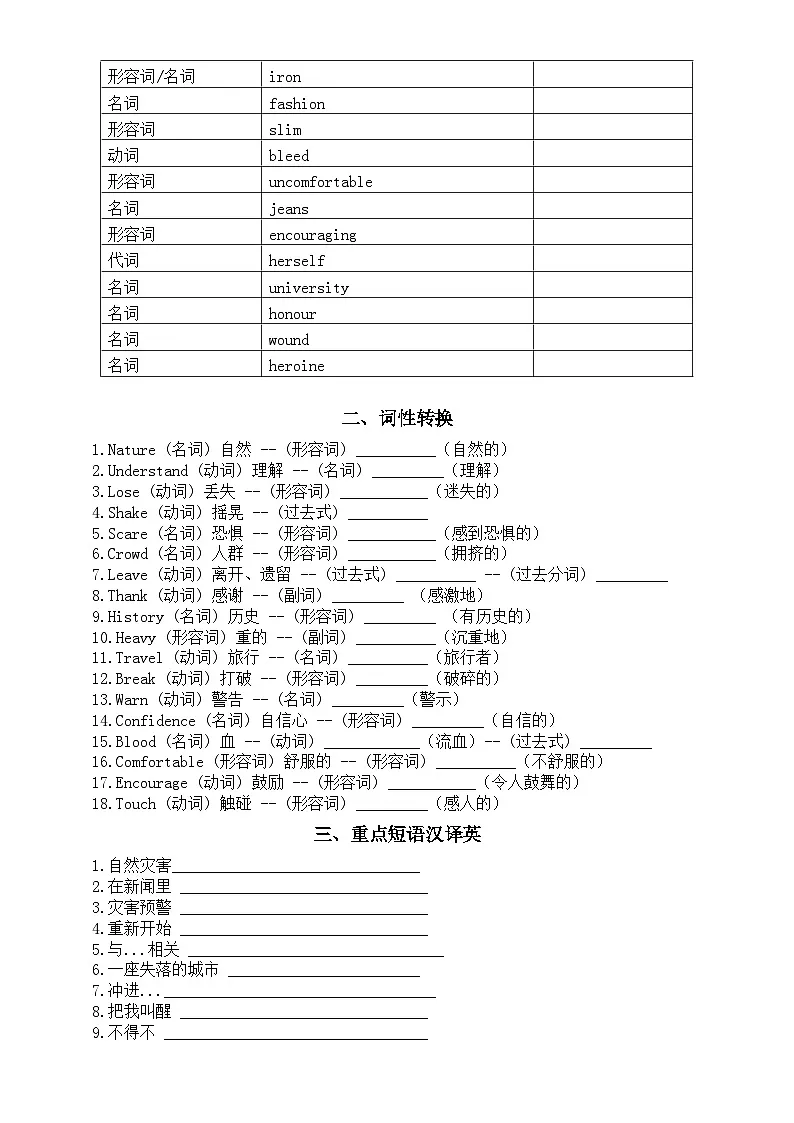 初中英语新外研版八年级上册Unit 6 When disaster strikes复习题(单词+词性+短语+句型)（附参考答案）（2025秋）第3页