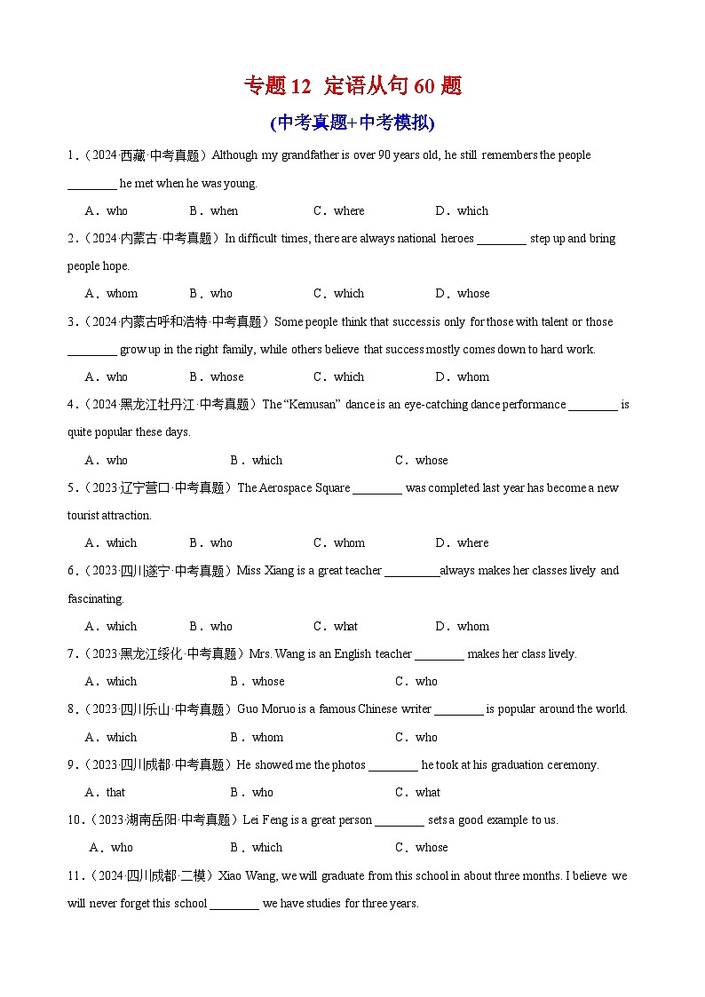 专题12 定语从句60题（中考真题+中考模拟）（原卷版）第1页