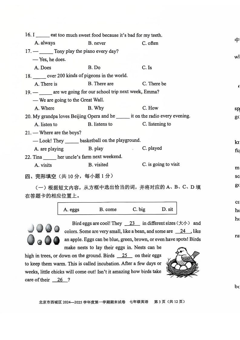 北京市西城区2024-2025学年七年级上学期期期末考试英语试题第3页