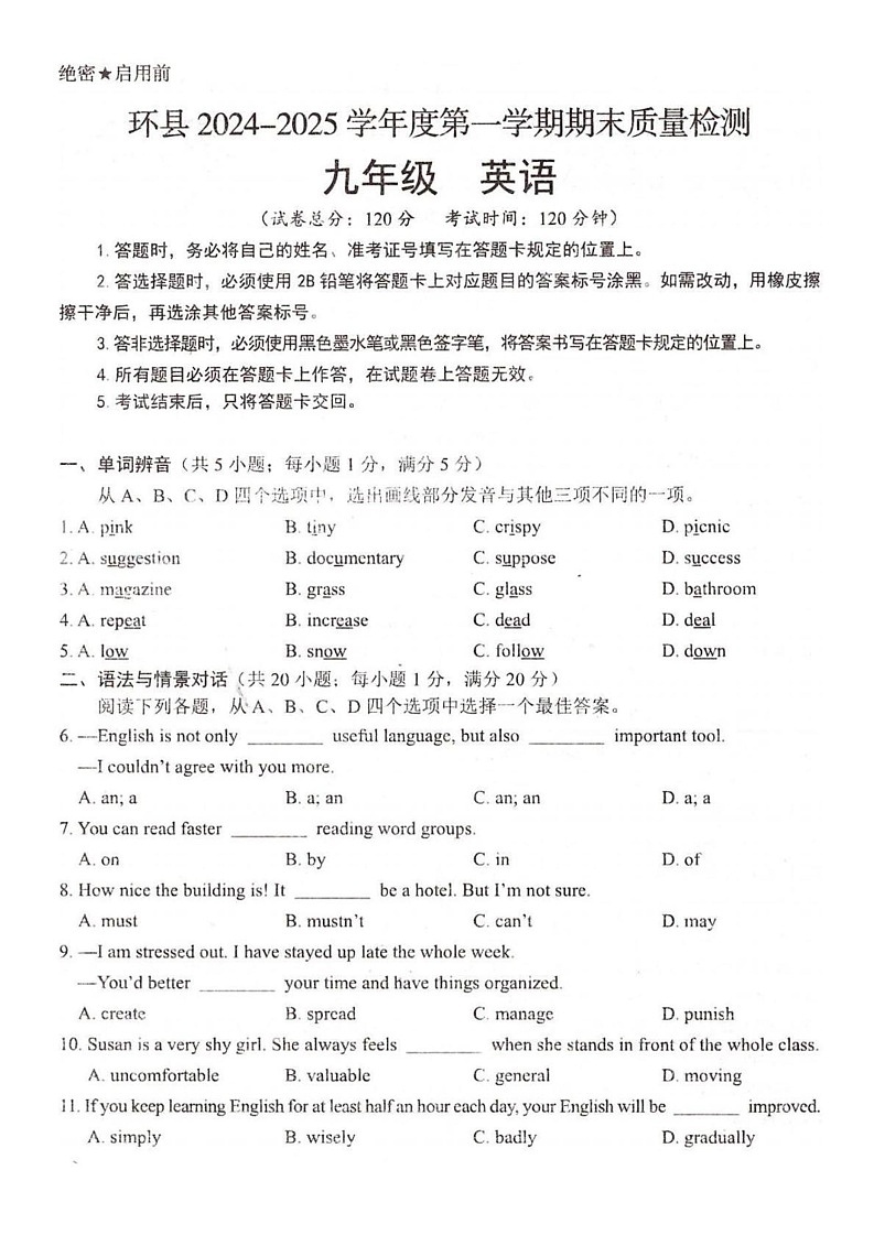 甘肃省庆阳市环县2024-2025学年九年级上学期期末英语试题第1页