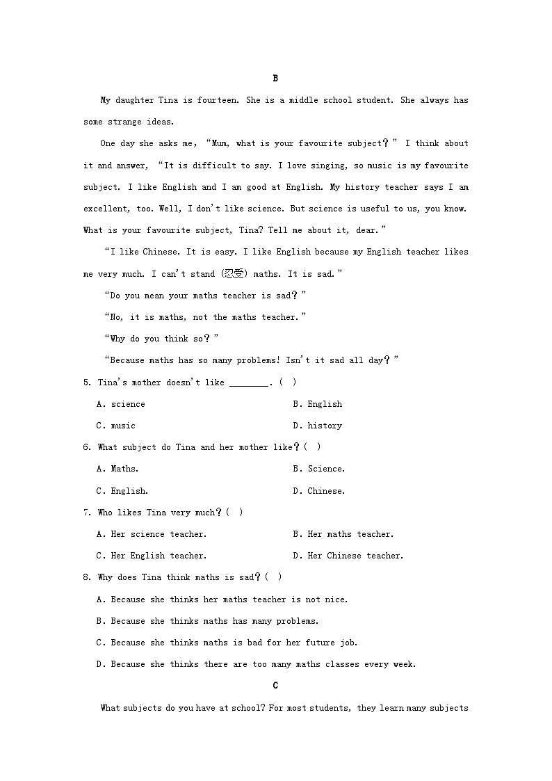 辽宁省2025秋七年级英语上册Unit 4 My Favourite Subject学情评估试卷（含解析人教新目标版）第2页