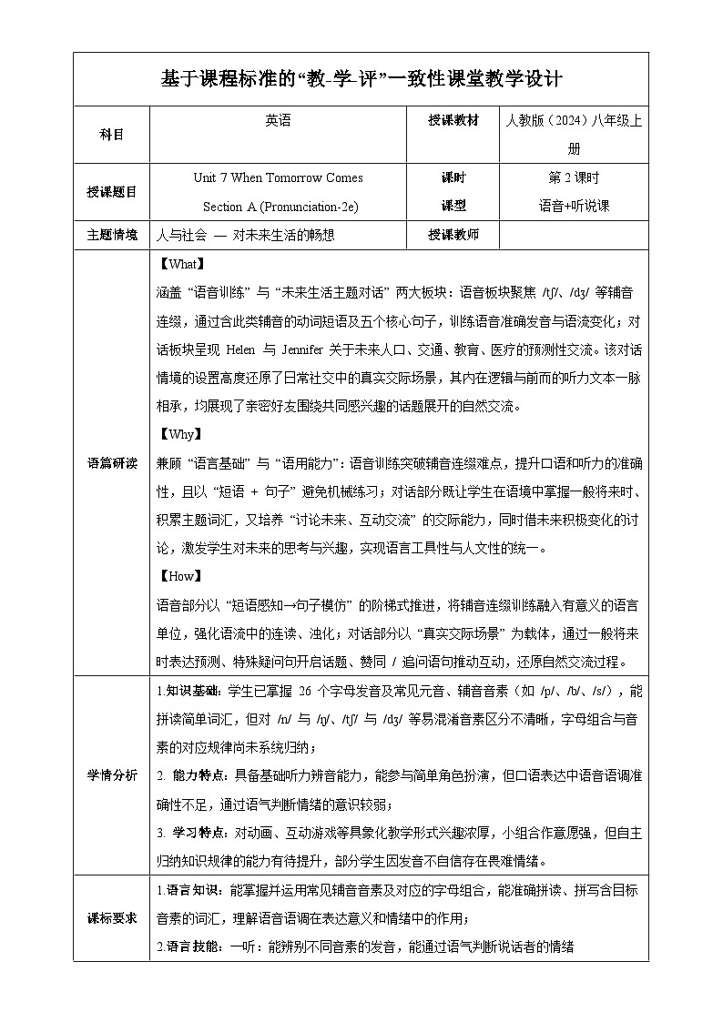 人教版2024初中英语八上Unit7 课时2 Section A Pronunciation-2e表格式教学设计第1页