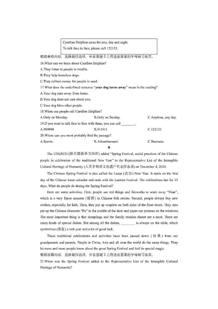 广西河池市环江毛南族自治县2024-2025学年九年级上学期期末检测英语试卷（学生版）第3页