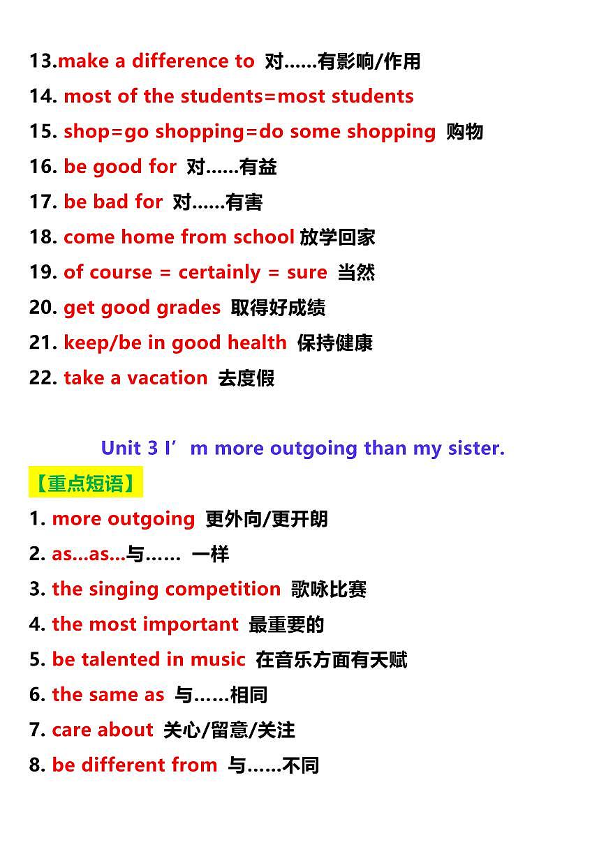 2024版人教版八年级上册英语期末必背重点短语知识点归纳第3页