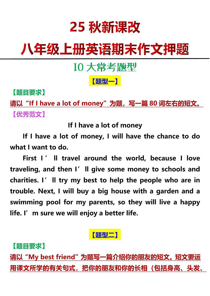 2024版人教版八年级上册英语期末作文押题10大常考题型知识点第1页