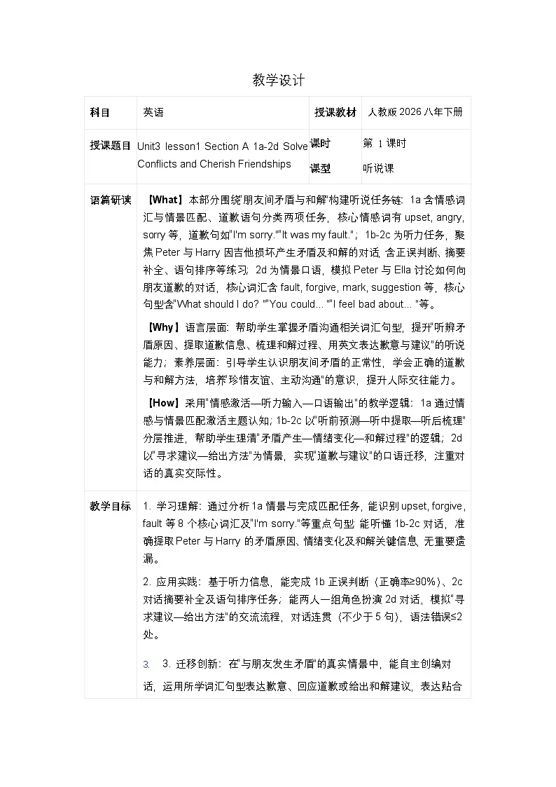 人教版2026初中英语八年级下册Unit3 lesson1 Section A 1a-2d表格式 教案第1页