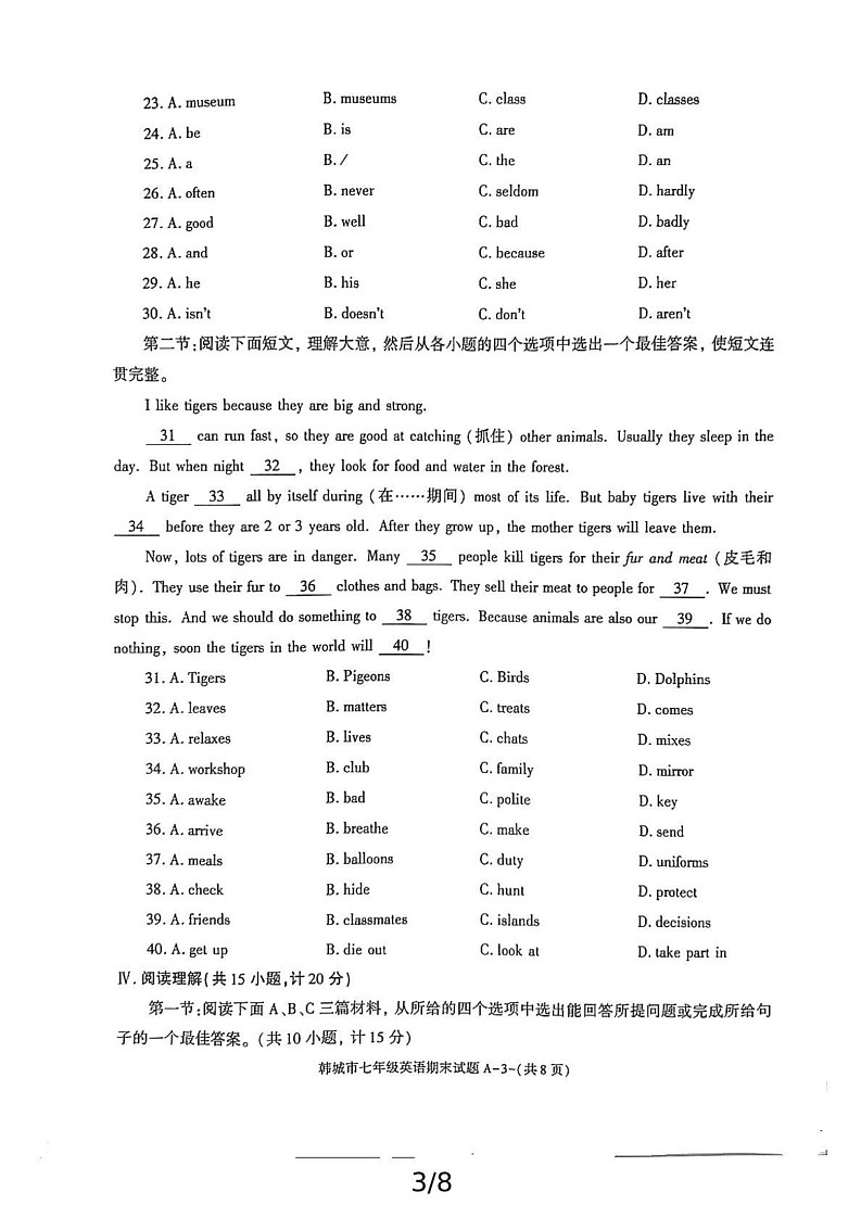 陕西省韩城市2024-2025学年七年级上学期期末考试英语试题第3页