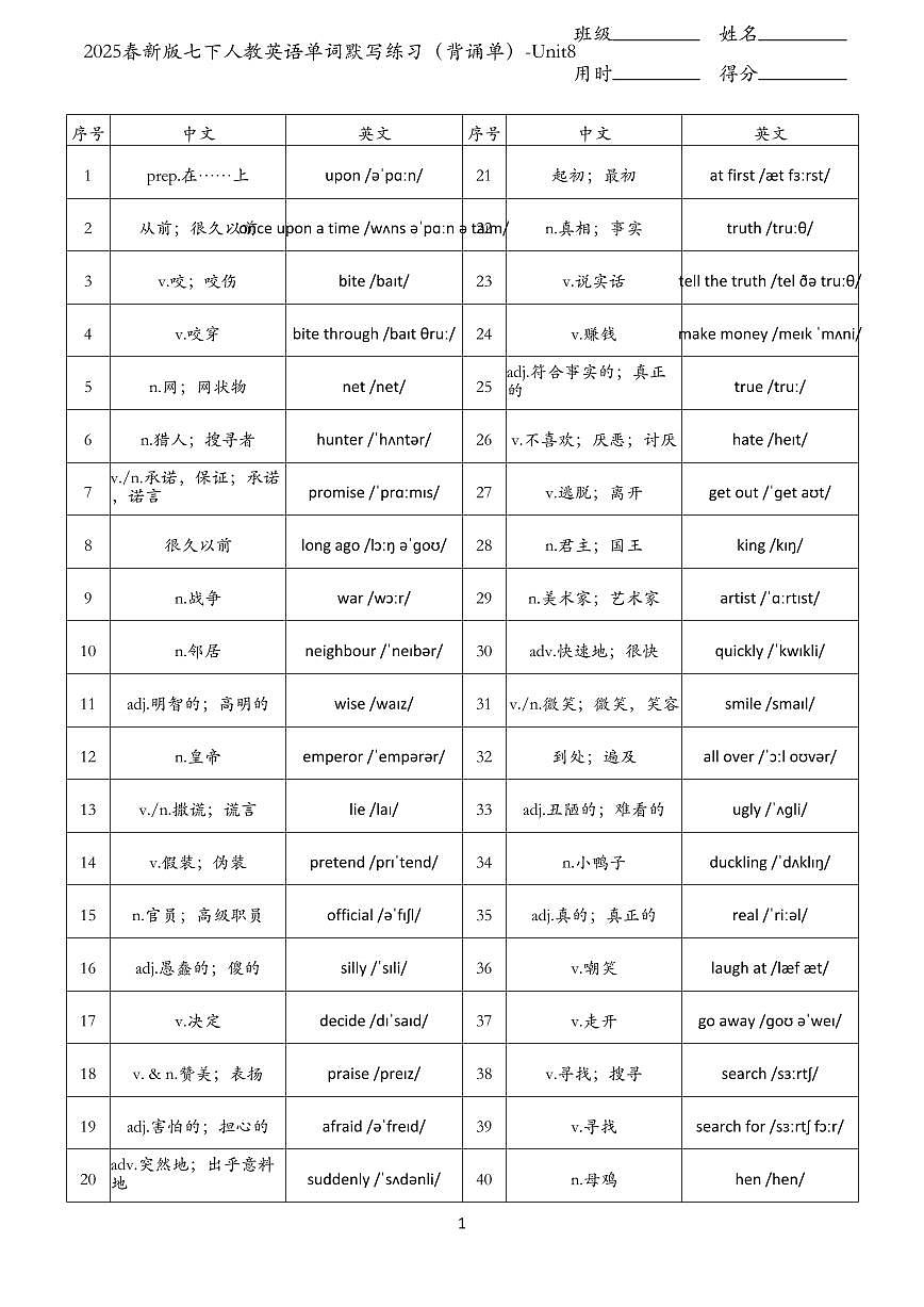 2024版人教版七年级下册英语单词默写练习含答案（背诵单）-Unit8第1页