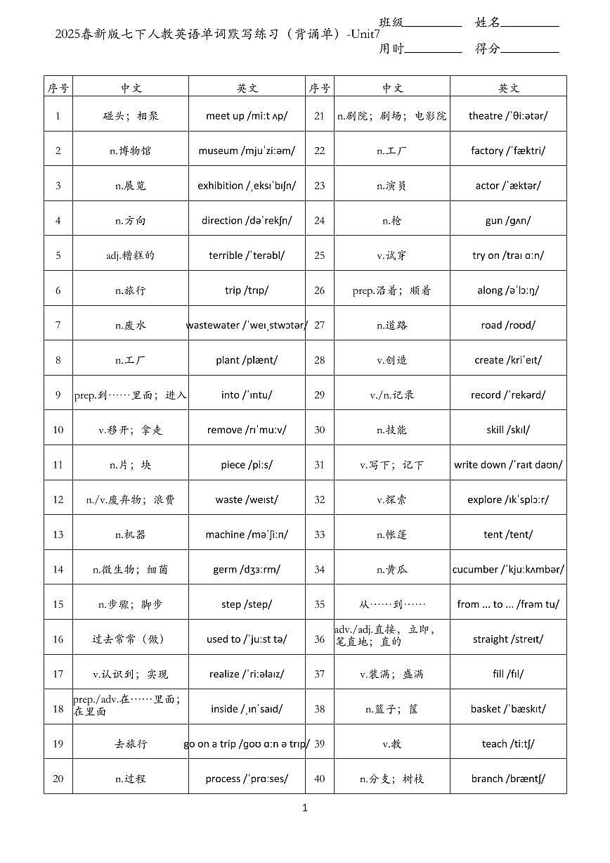 2024版人教版七年级下册英语单词默写练习含答案（背诵单）-Unit7第1页