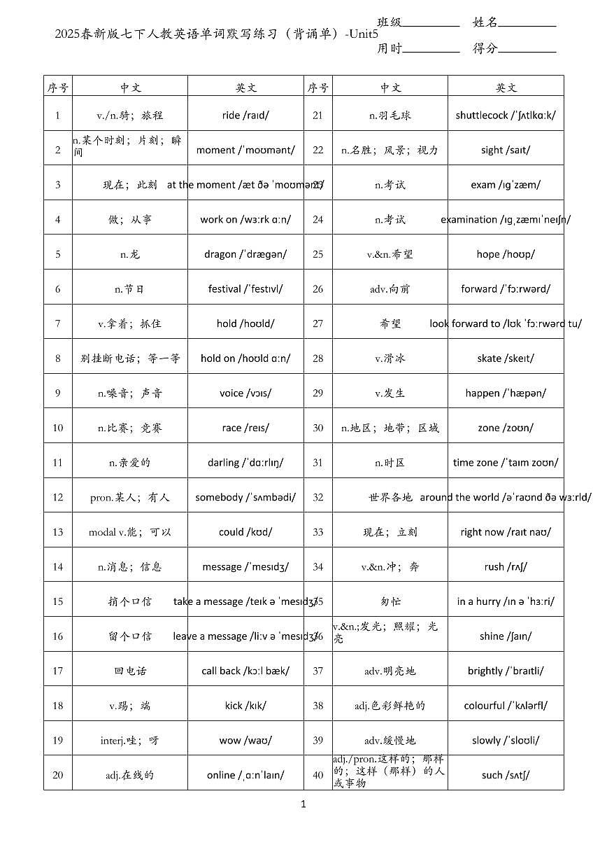 2024版人教版七年级下册英语单词默写练习含答案（背诵单）-Unit5第1页