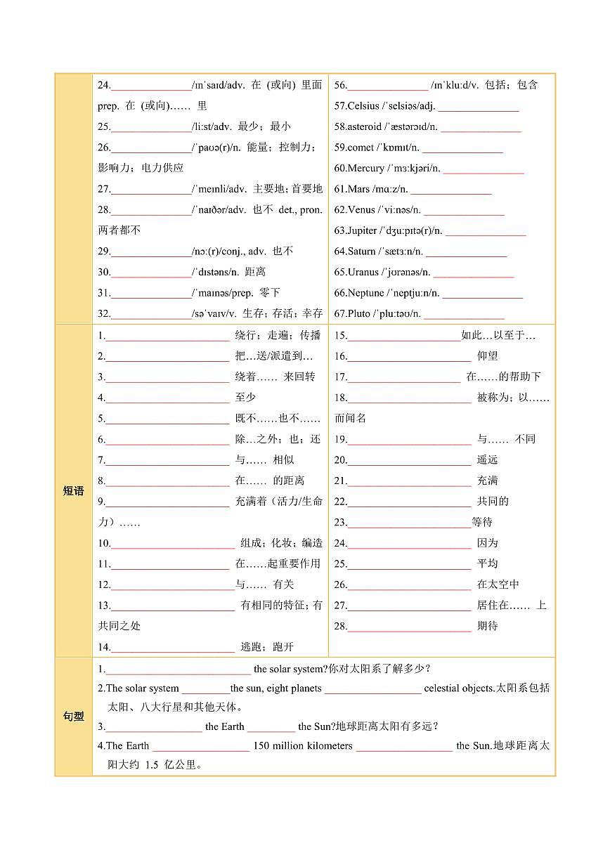 2024版仁爱版八年级上册英语Unit 6 Earth and Beyond（知识清单）（挖空版+答案版）第2页