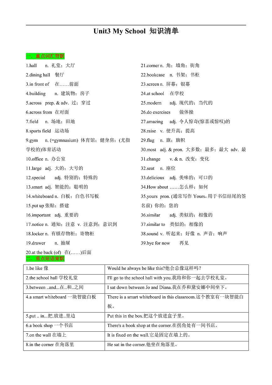 2024版人教版七年级上册英语Unit3 My School 知识清单（背诵版）第1页