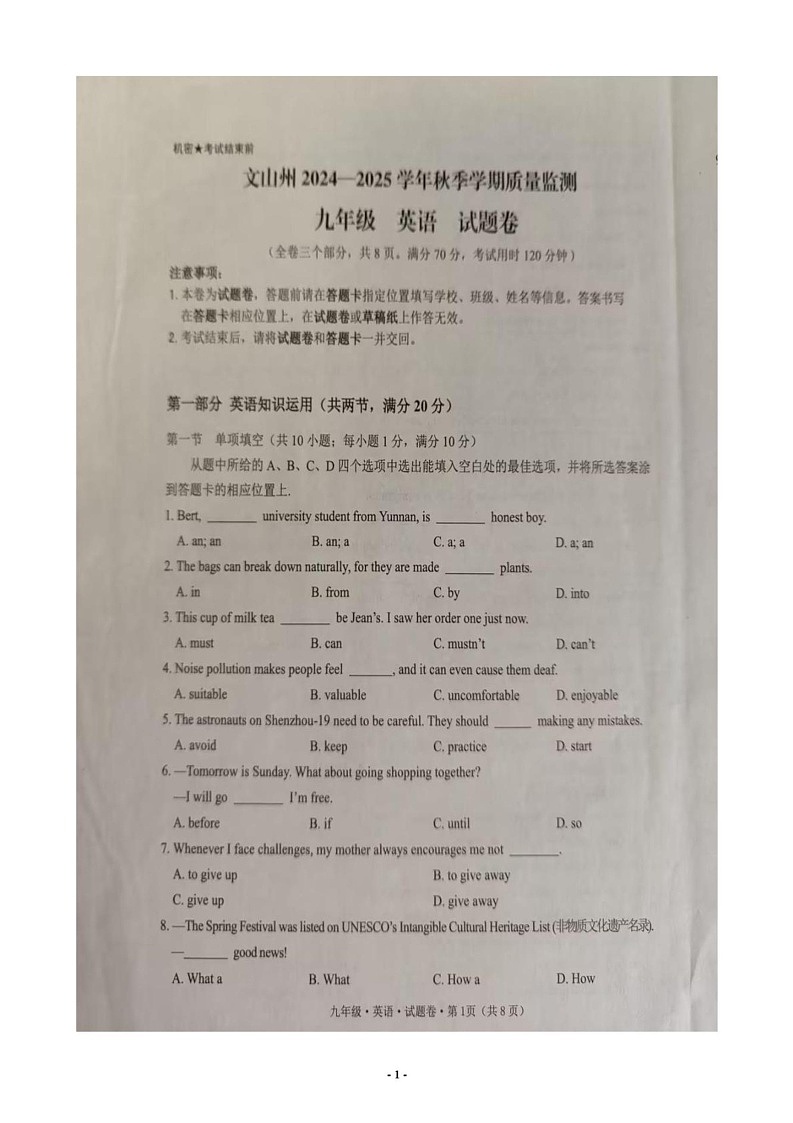 云南省文山壮族苗族自治州2024-2025学年九年级上学期1月期末考试英语试题第1页