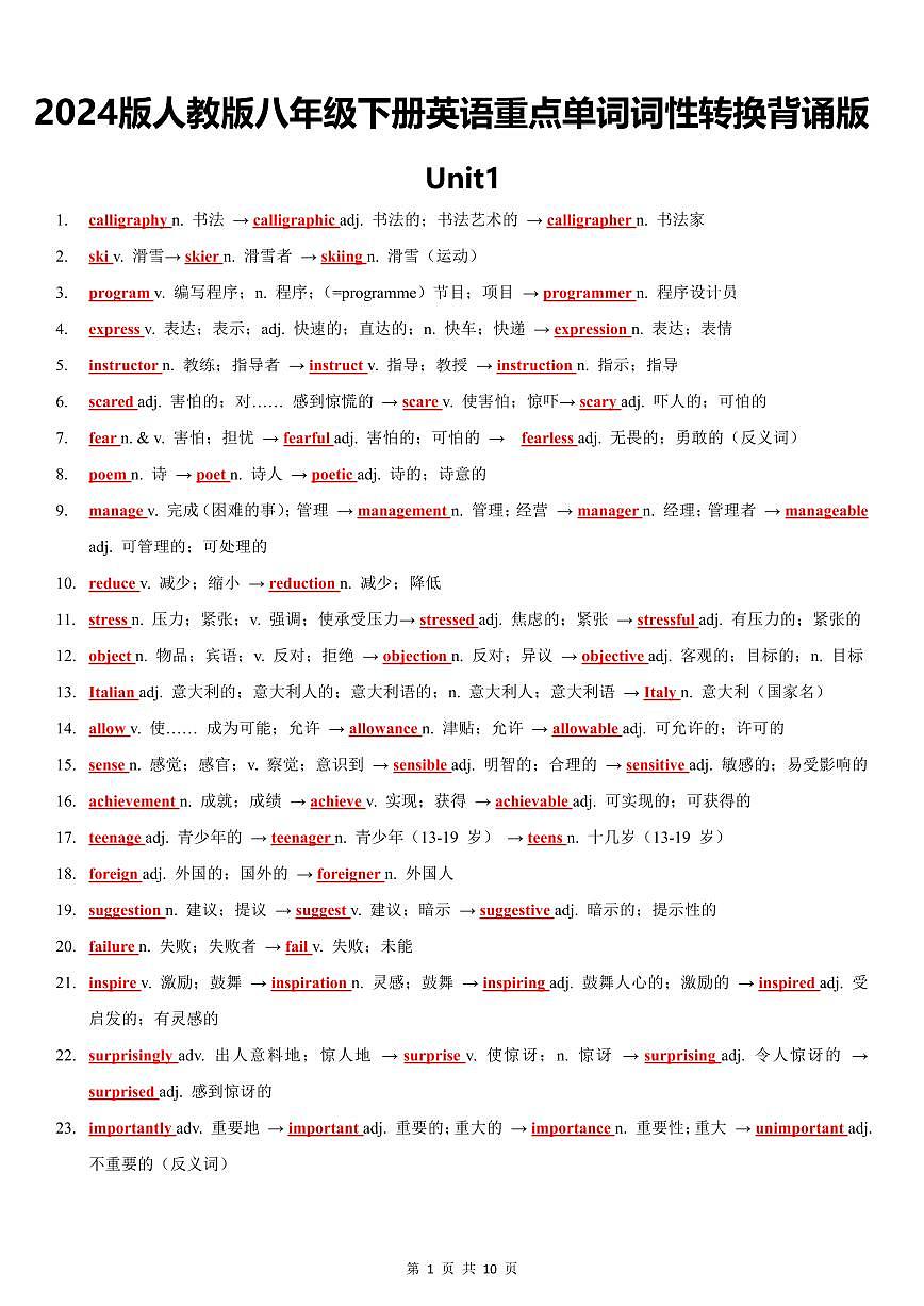 2024版人教版八年级下册英语期末重点单词词性转换知识点（背诵版+默写版）第1页