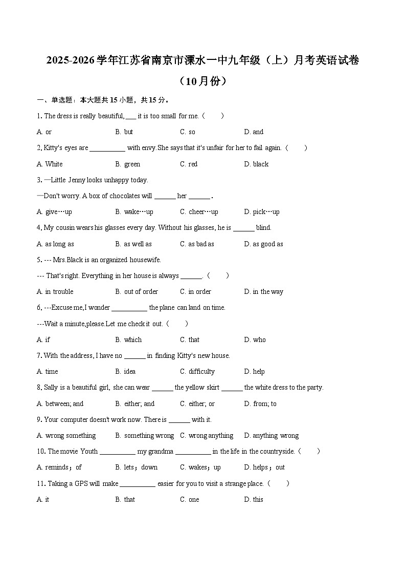 2025-2026学年江苏省南京市溧水一中九年级（上）月考英语试卷（10月份）-自定义类型第1页