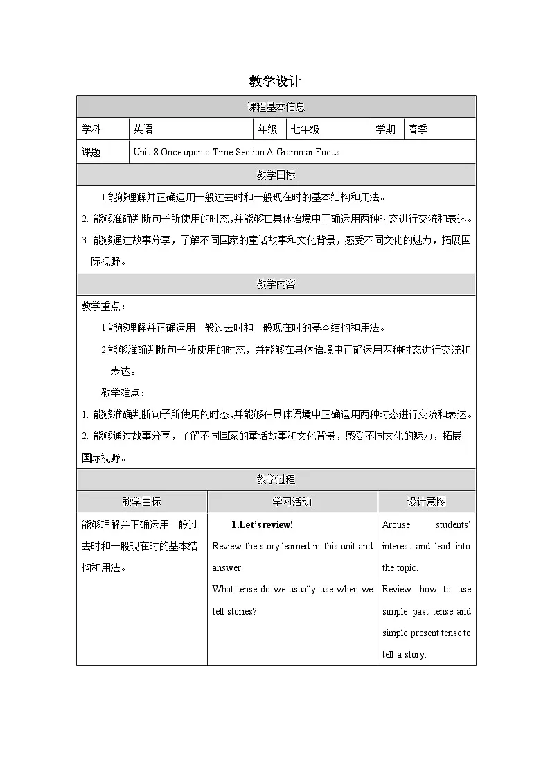 Unit8：Grammar Focus教学设计表格式 -2025-2026学年《英语》七年级·下册（2024人教版）第1页