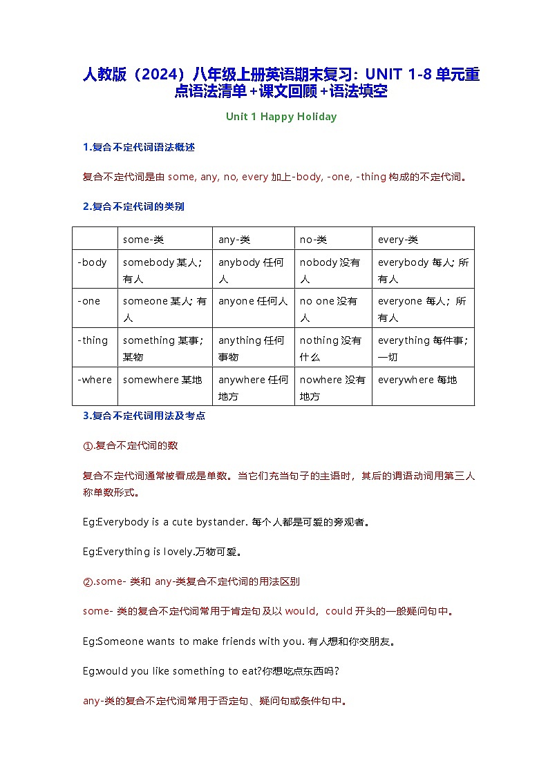 人教版（2024）八年级上册英语期末复习：UNIT 1-8单元重点语法清单+课文回顾+语法填空（无答案） 讲义第1页