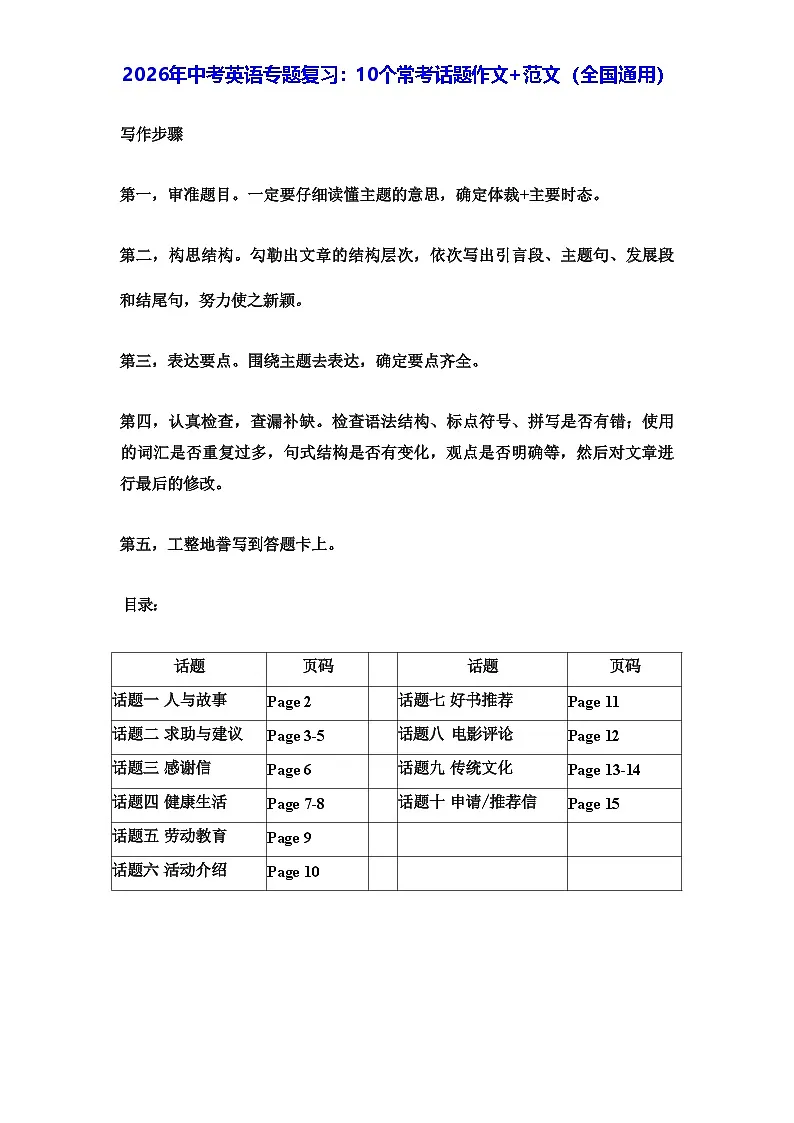 2026年中考英语专题复习：10个常考话题作文+范文（全国通用） 讲义第1页
