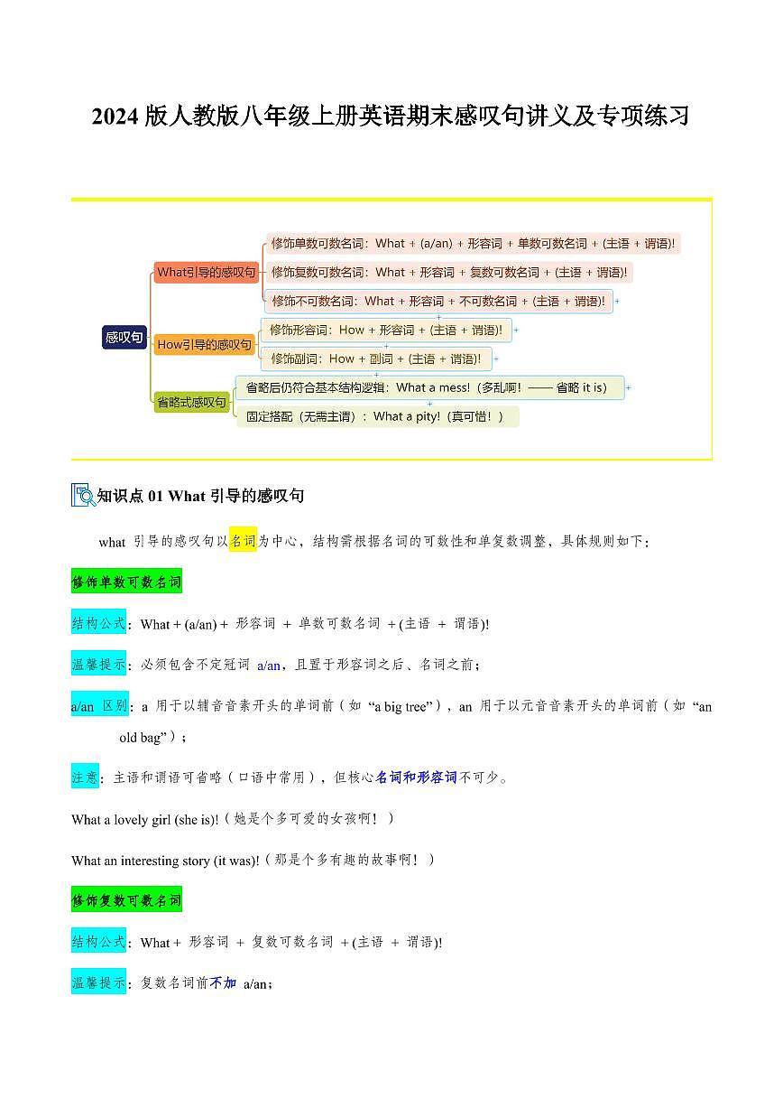 2024版人教版八年级上册英语期末感叹句讲义及专项练习含答案第1页
