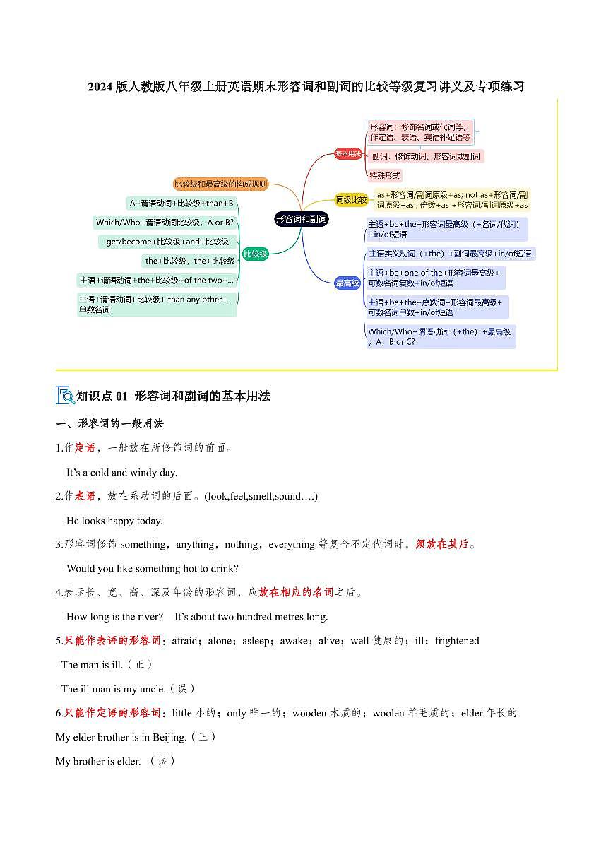 2024版人教版八年级上册英语期末形容词和副词的比较等级复习讲义及专项练习含答案第1页