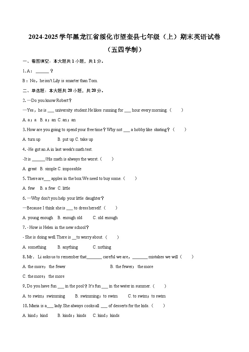 2024-2025学年黑龙江省绥化市望奎县七年级（上）期末英语试卷（五四学制）-自定义类型第1页
