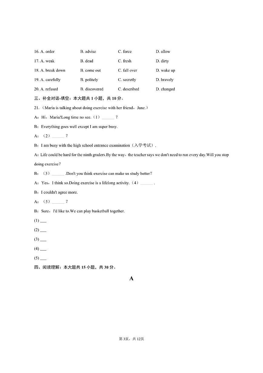 2024-2025学年河南省驻马店市正阳县九年级（上）期末英语试卷（含答案）第3页