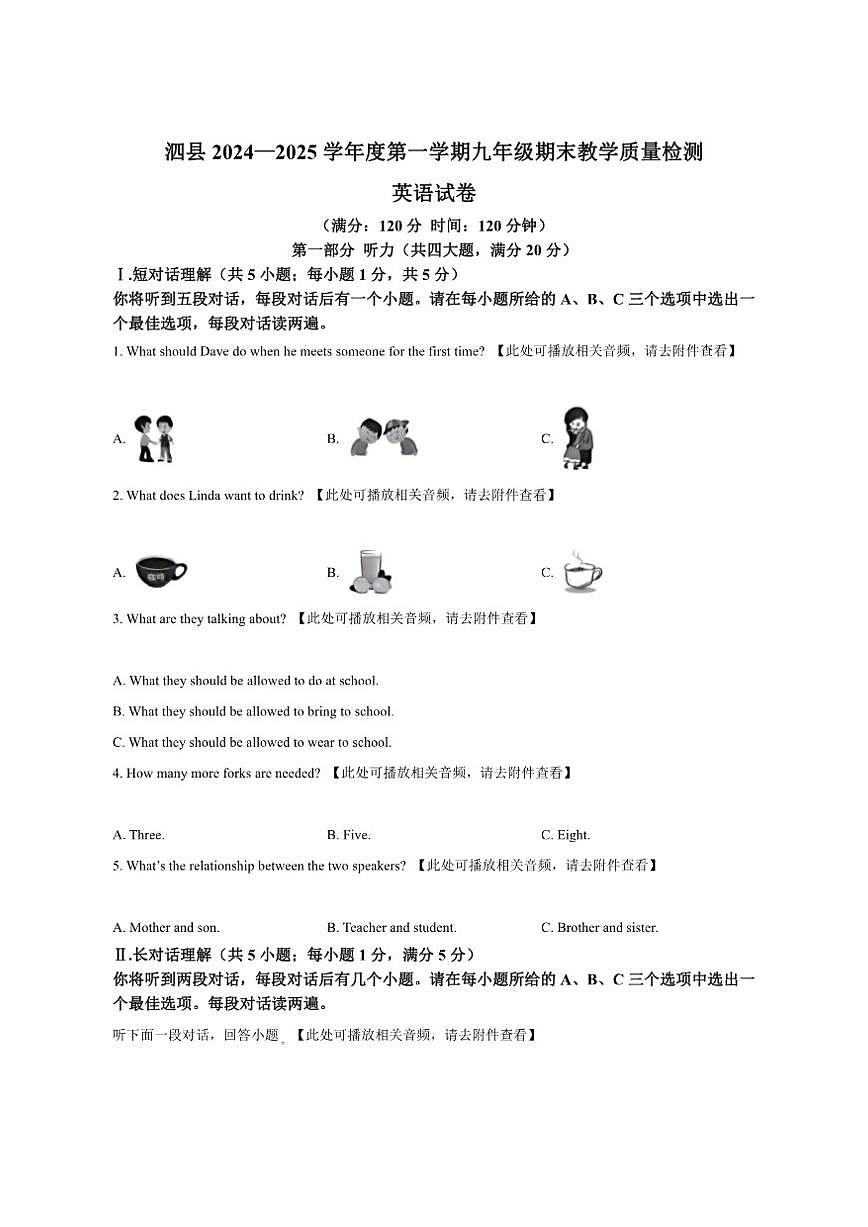 安徽省宿州市泗县2024-2025学年九年级上学期期末考试英语试卷（含答案，含听力音频，无原文）第1页