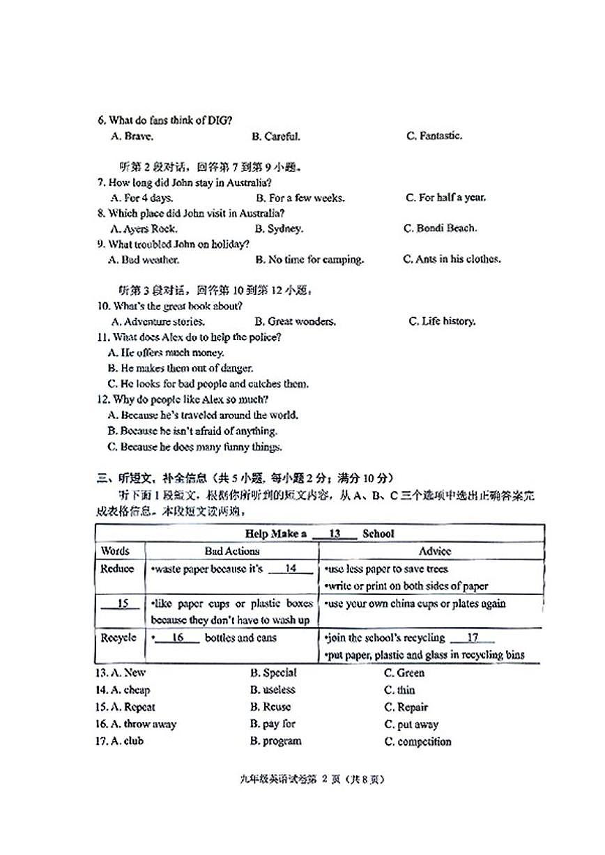 2024-2025学年辽宁省大连市甘井子区九上期末英语试卷（PDF版，含答案）第2页