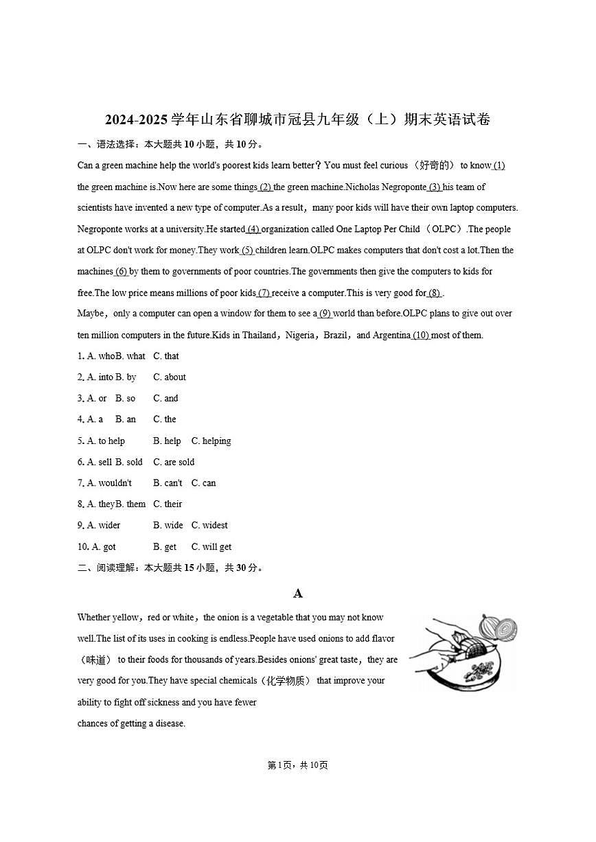 2024-2025学年山东省聊城市冠县九年级（上）期末英语试卷（含答案）第1页