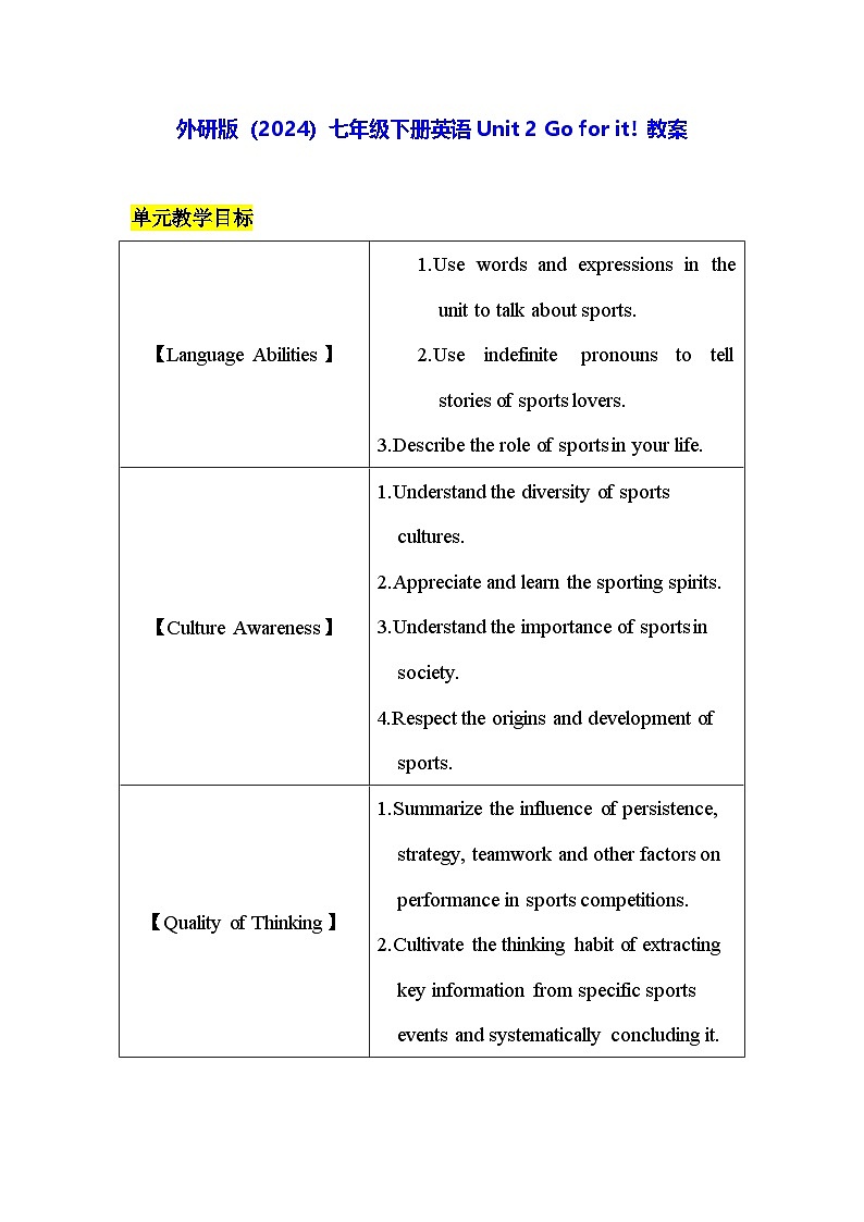 外研版（2024）七年级下册英语Unit 2 Go for it! 教案第1页