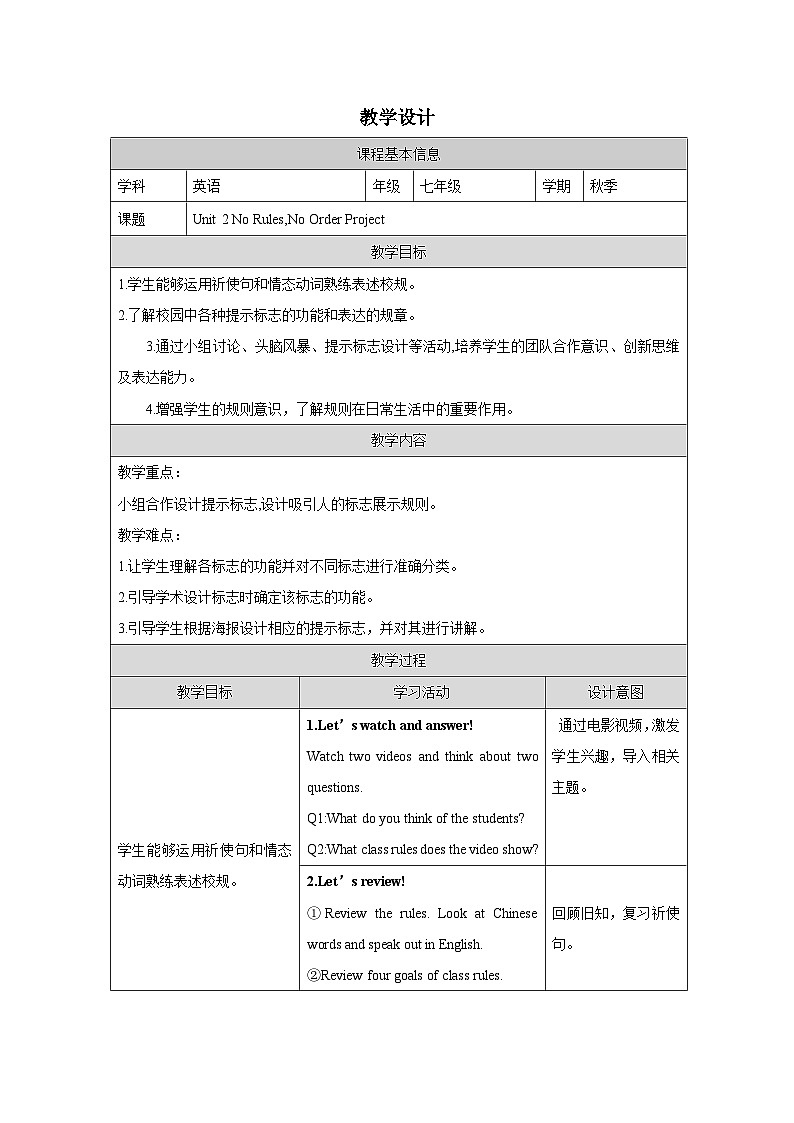 Unit2：Project教学设计 -2025-2026学年《英语》七年级·下册（2024人教版）第1页