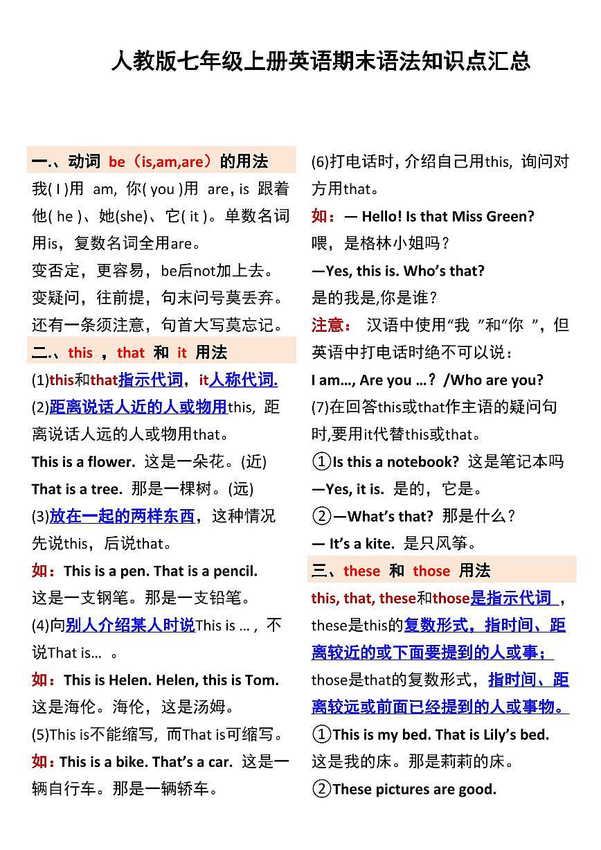 人教版七年级上册英语期末语法知识点汇总第1页