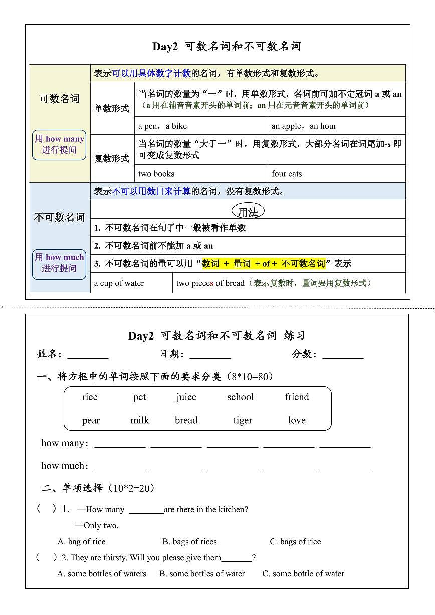 2024版人教版七年级上册英语期末语法专项练习含答案第2页