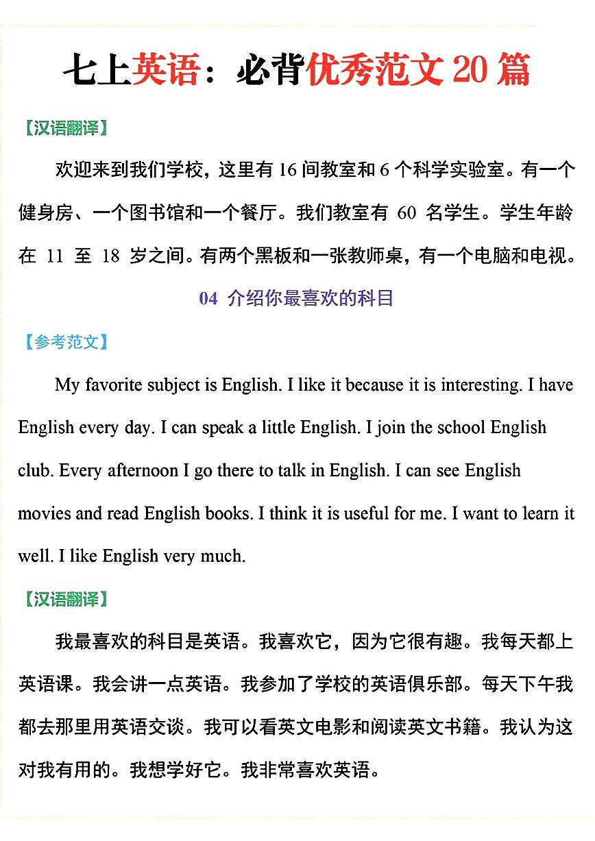 2024版人教版七年级上册英语期末优秀范文20篇知识点第3页