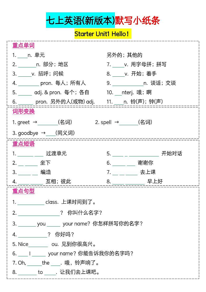 2024版人教版七年级上册英语默写练习小纸条含答案第1页