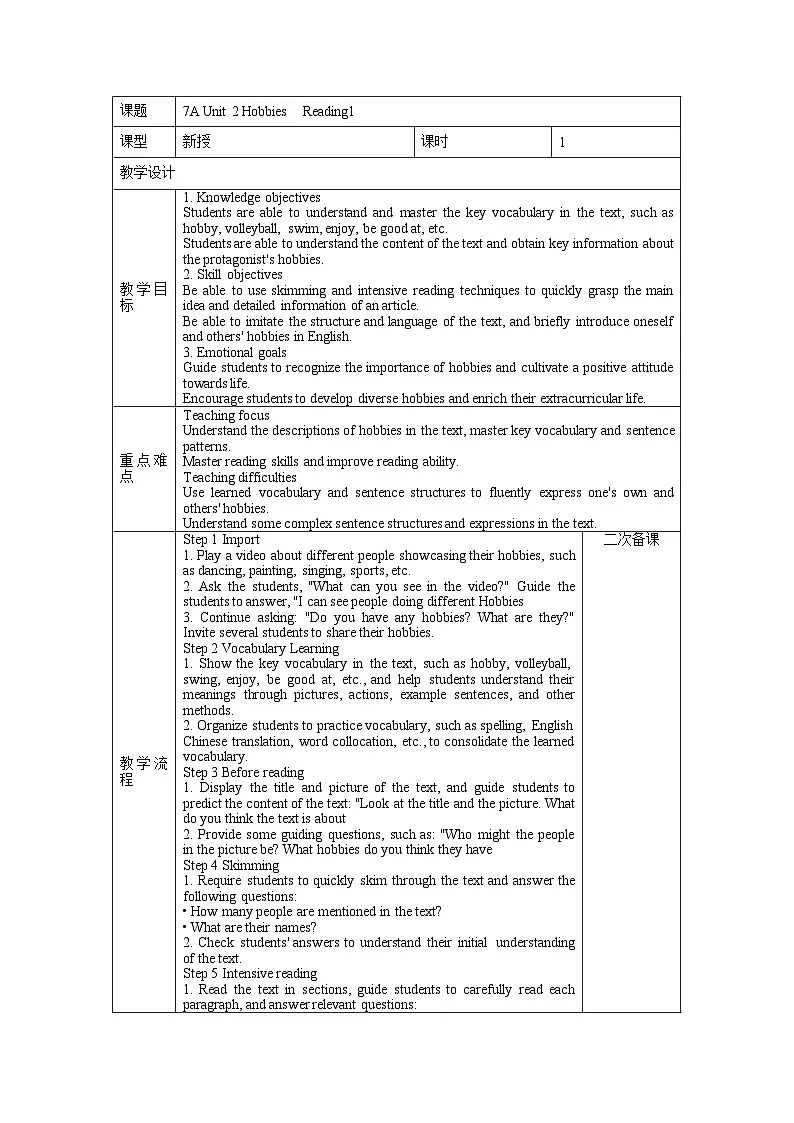 Unit 2 Hobbies ：Reading1教学设计2025-2026学年七年级上册英语译林版（2024）第1页
