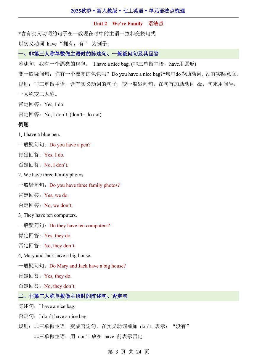 2024版人教版七年级上册英语期末单元语法点知识点梳理第3页