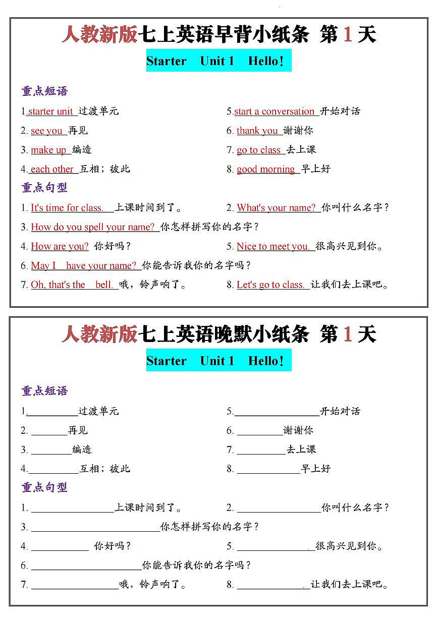 2024版人教新版七年级上册英语知识点早背小纸条第1页